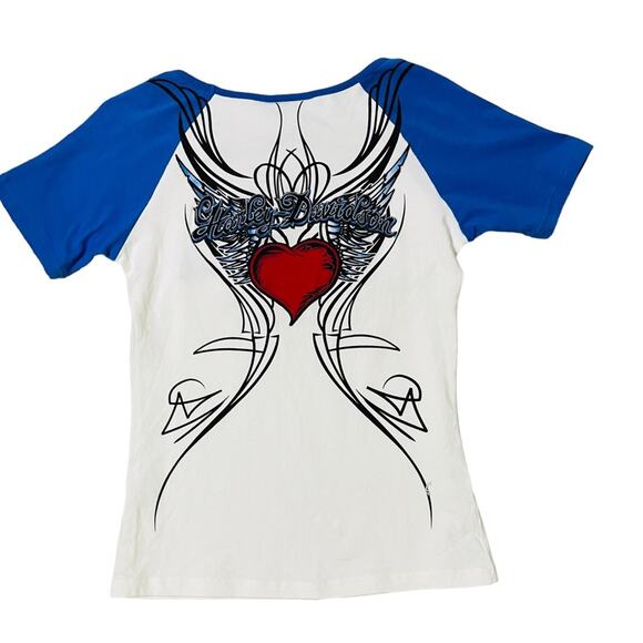 Harley Davidson Raglan Winged Heart Embroidered Tee Shirt White Blue Size S - Picture 2 of 3